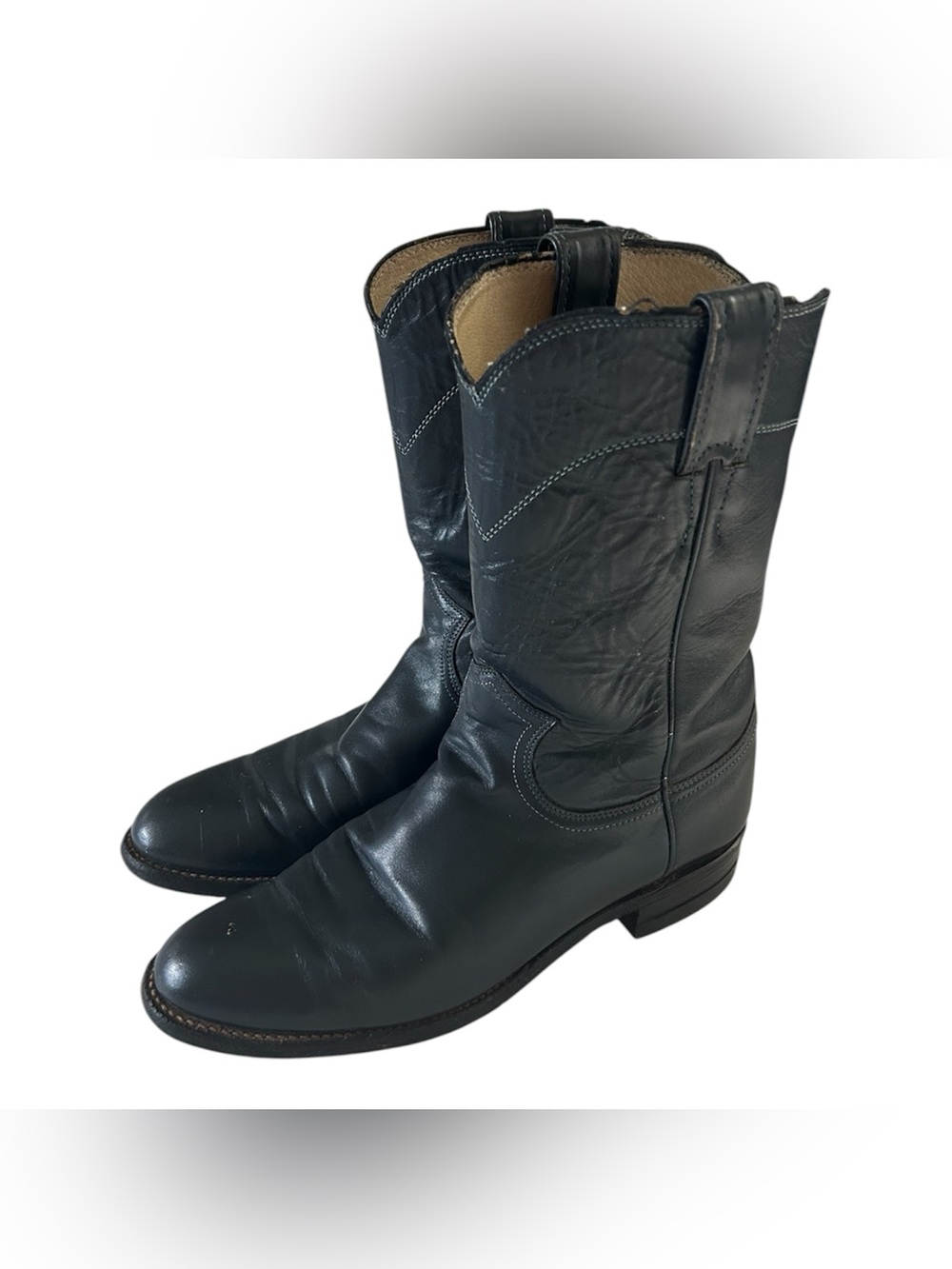 Justin Vintage womens Dark Blue Leather Roper Pull-On Western Boots Size 7